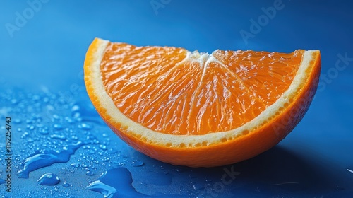 A fresh orange slice on a blue gradient background with vibrant colors photo