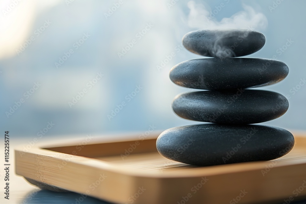 close-up of smooth black stones stacked on wooden tray with faint steam in background close-up of smooth black stones stacked on wooden tray with faint steam in background
