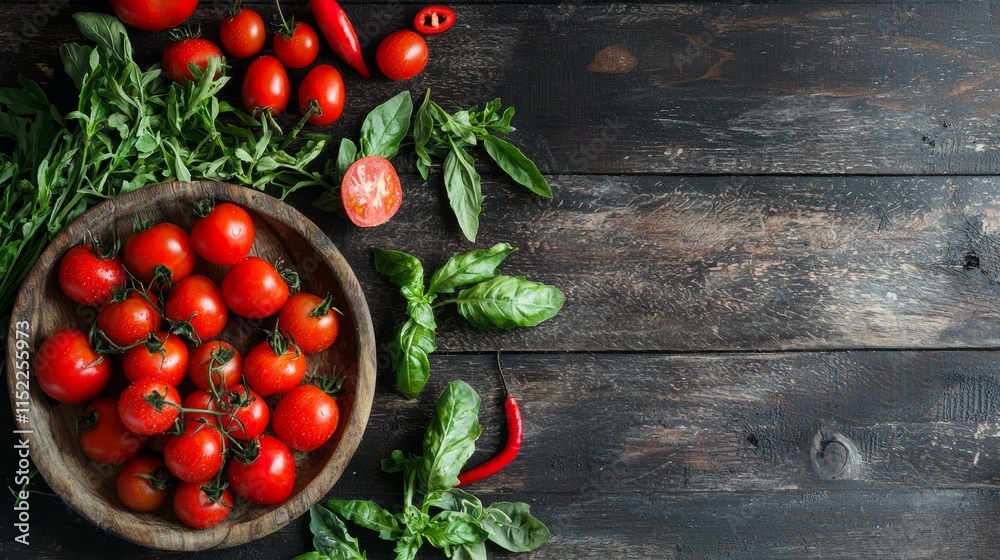 Fresh tomatoes with basil on rustic wooden surface Fresh tomatoes with basil on rustic wooden surface