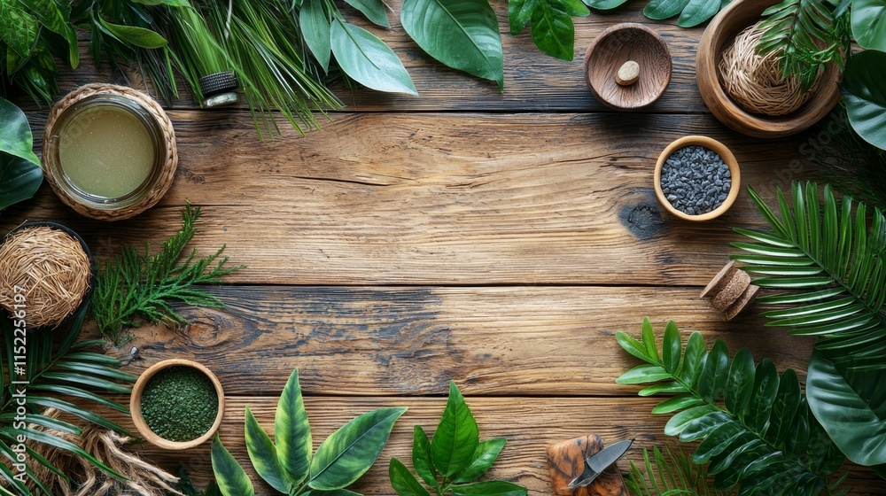 Rustic tea setup with tropical leaves and wooden texture Rustic tea setup with tropical leaves and wooden texture