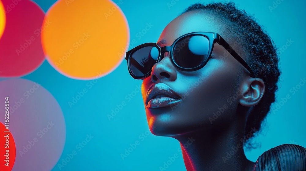 Stylish portrait of a woman in sunglasses with colorful bokeh Stylish portrait of a woman in sunglasses with colorful bokeh