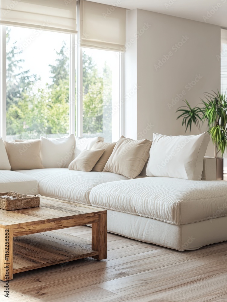 Spacious modern lounge with big sofa and wooden coffee table Spacious modern lounge with big sofa and wooden coffee table