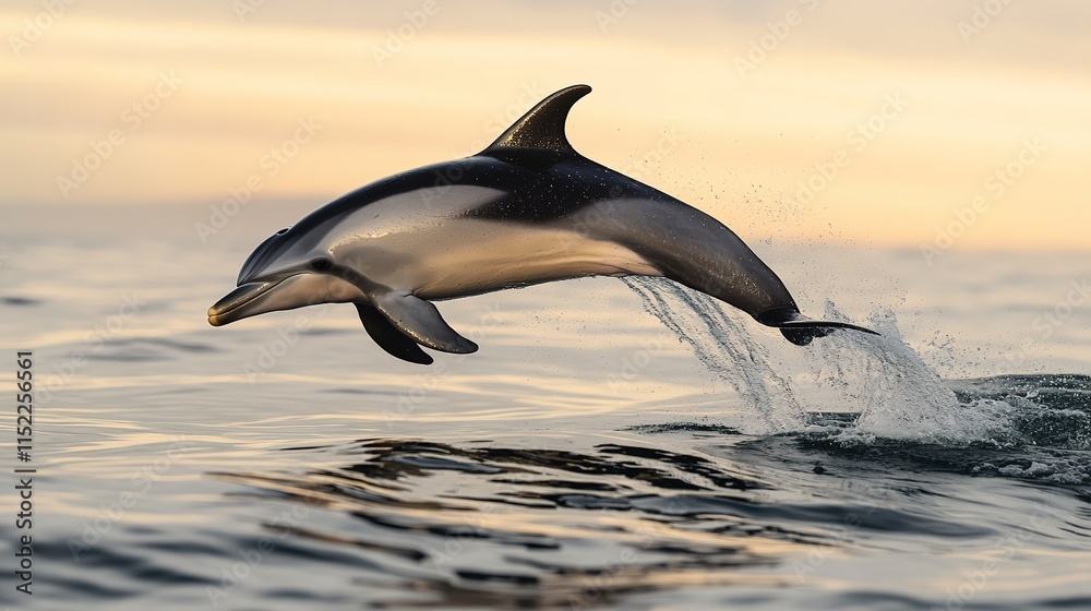 Obraz premium minimalistic stock photo of dolphin leaping gracefully above ocean surface with setting sun casting golden glow over