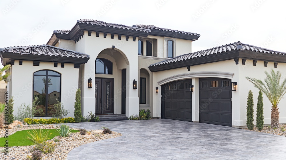 Obraz premium Modern Mediterranean-style house with arched windows, dark tile roof, and landscaped front yard.