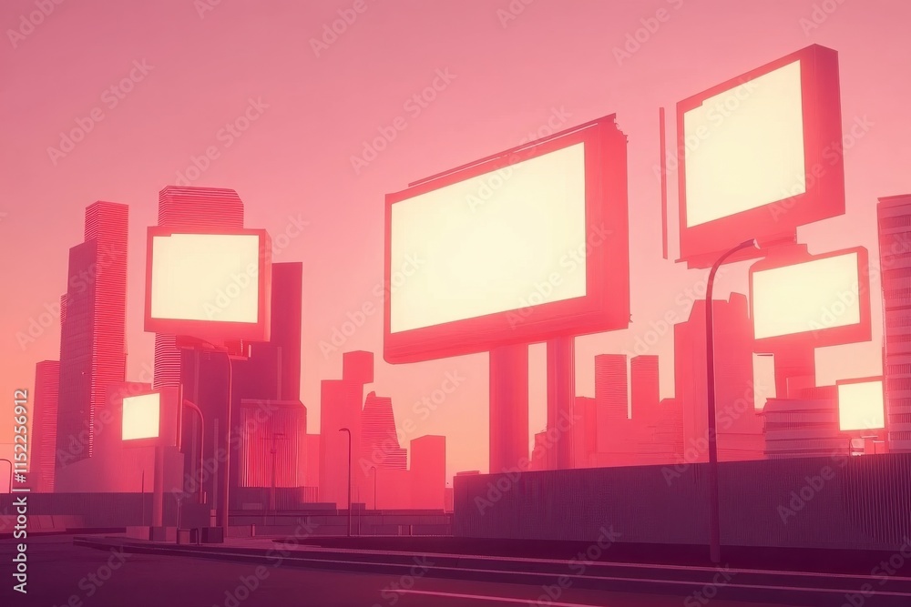 Obraz premium Futuristic Urban Cityscape with Glowing Billboards and Vivid Colors Captured in Flat Design Illustration at Sunset