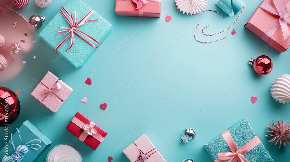 Flat lay of pastel gift boxes with festive decor Flat lay of pastel gift boxes with festive decor