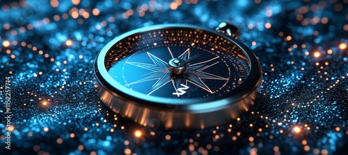 Digital Compass Amongst Glowing Data, Symbolizing Navigation And Guidance Through Technology