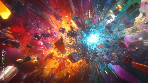 Abstract vibrant explosion of colorful fragmented crystals and energy.
