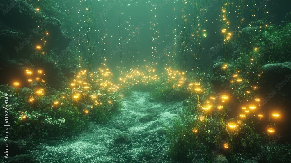 Fototapeta premium Magical underwater path glowing with bioluminescent plants.