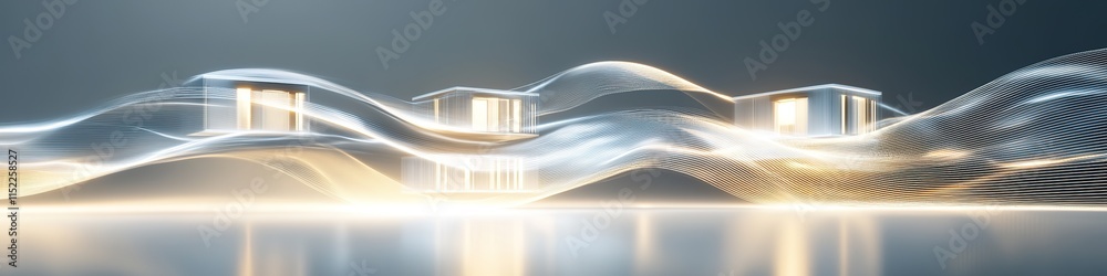 Fototapeta premium clean abstract wave of glowing sustainable housing concepts projected mid-air in futuristic setting