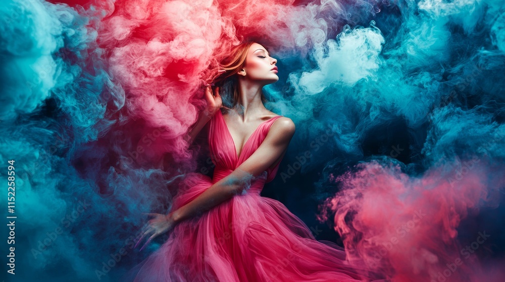 Woman in colorful smoke cloud with dramatic lighting Woman in colorful smoke cloud with dramatic lighting