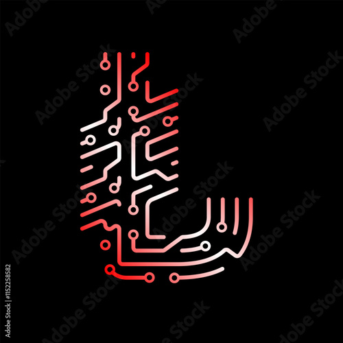 Turkish Lira symbol with electronic circuit lines on black background