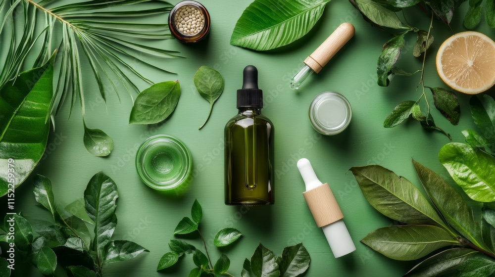 Natural skincare products surrounded by tropical leaves Natural skincare products surrounded by tropical leaves