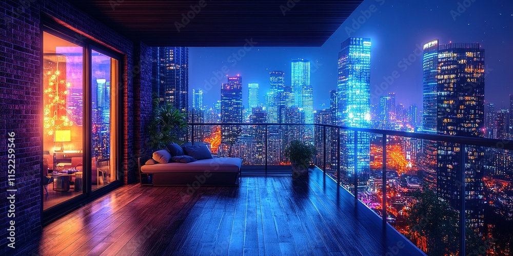 Obraz premium Vibrant city skyline view from a modern balcony at night showcasing glowing skyscrapers and urban nightlife