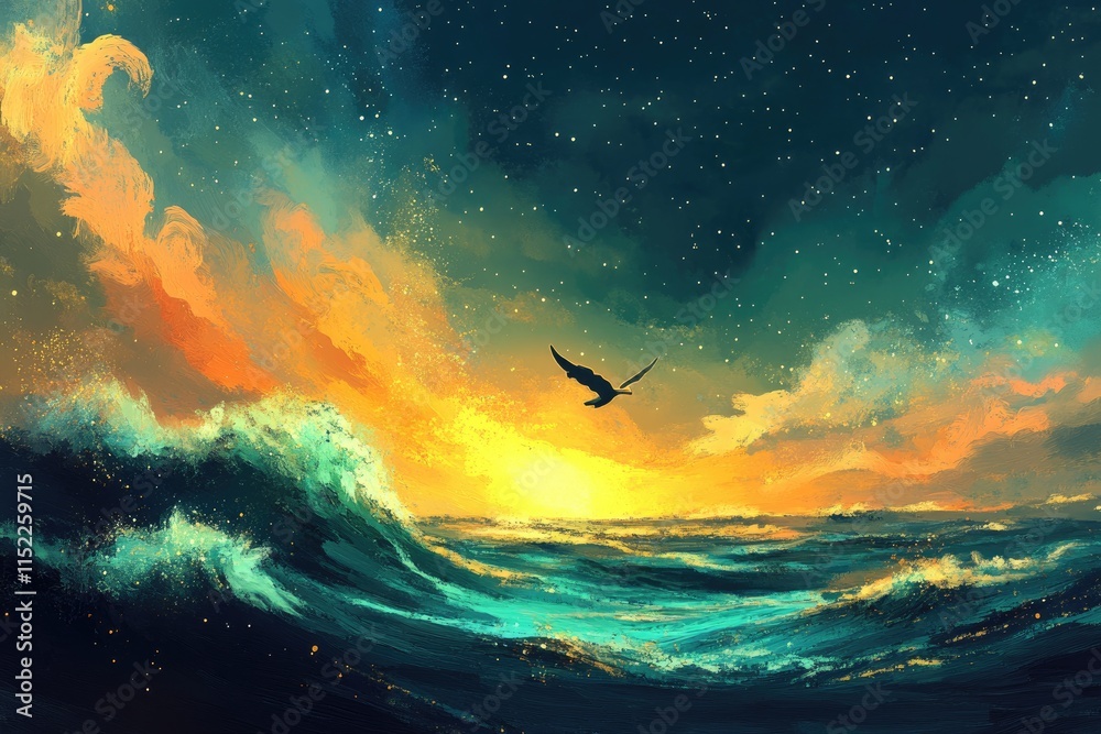 Fototapeta premium Sunset Ocean Scene With A Lone Bird In Flight