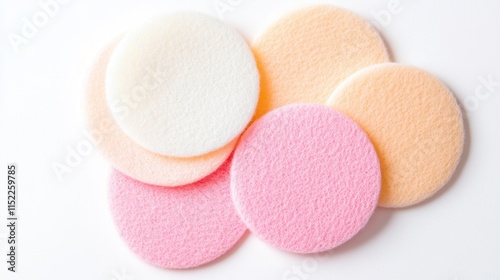 Soft round cosmetic pads in pastel shades of pink, peach, and white arranged on a white background