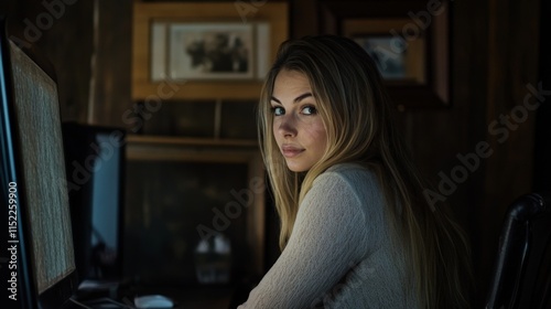 Caucasian young female in dimly lit room sitting at desk with computer.