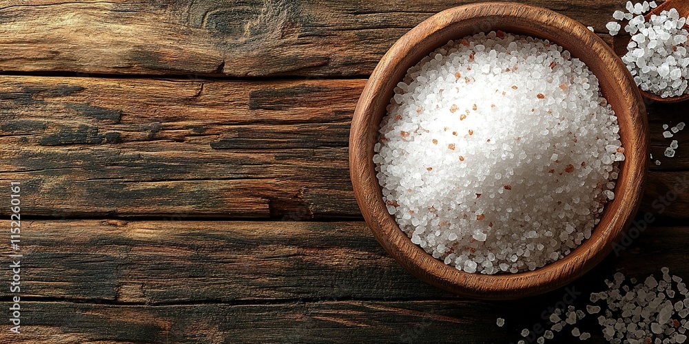 Wooden bowl filled with coarse salt on rustic wooden surface in a kitchen setting Wooden bowl filled with coarse salt on rustic wooden surface in a kitchen setting