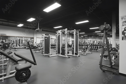 Spacious gym interior with a variety of fitness equipment in a clean and organized layout, perfect for fitness center, workout, and health-focused designs photo