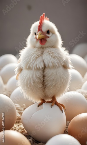 Fluffy chicken emerges from pristine white egg,  hatchling,  poultry coop,  animal hatchery
