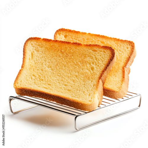 Two slices of golden toasted bread on a wire rack, white isolated background. photo