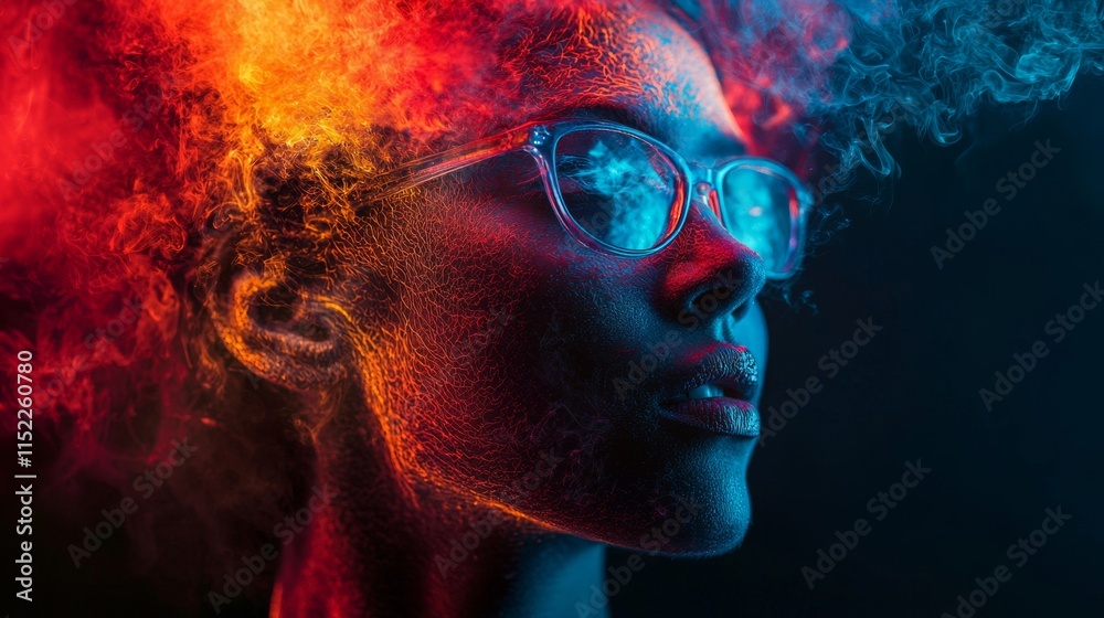 Profile of a woman with fiery abstract colors and glowing effects Profile of a woman with fiery abstract colors and glowing effects