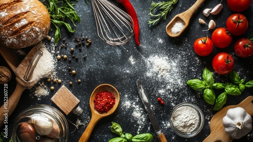 Wallpaper Mural Rustic kitchen setting with fresh ingredients and utensils Torontodigital.ca