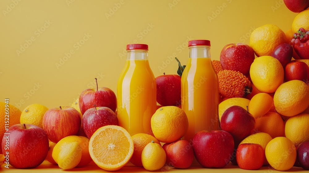 Bottles of orange juice surrounded by fresh citrus and apples Bottles of orange juice surrounded by fresh citrus and apples