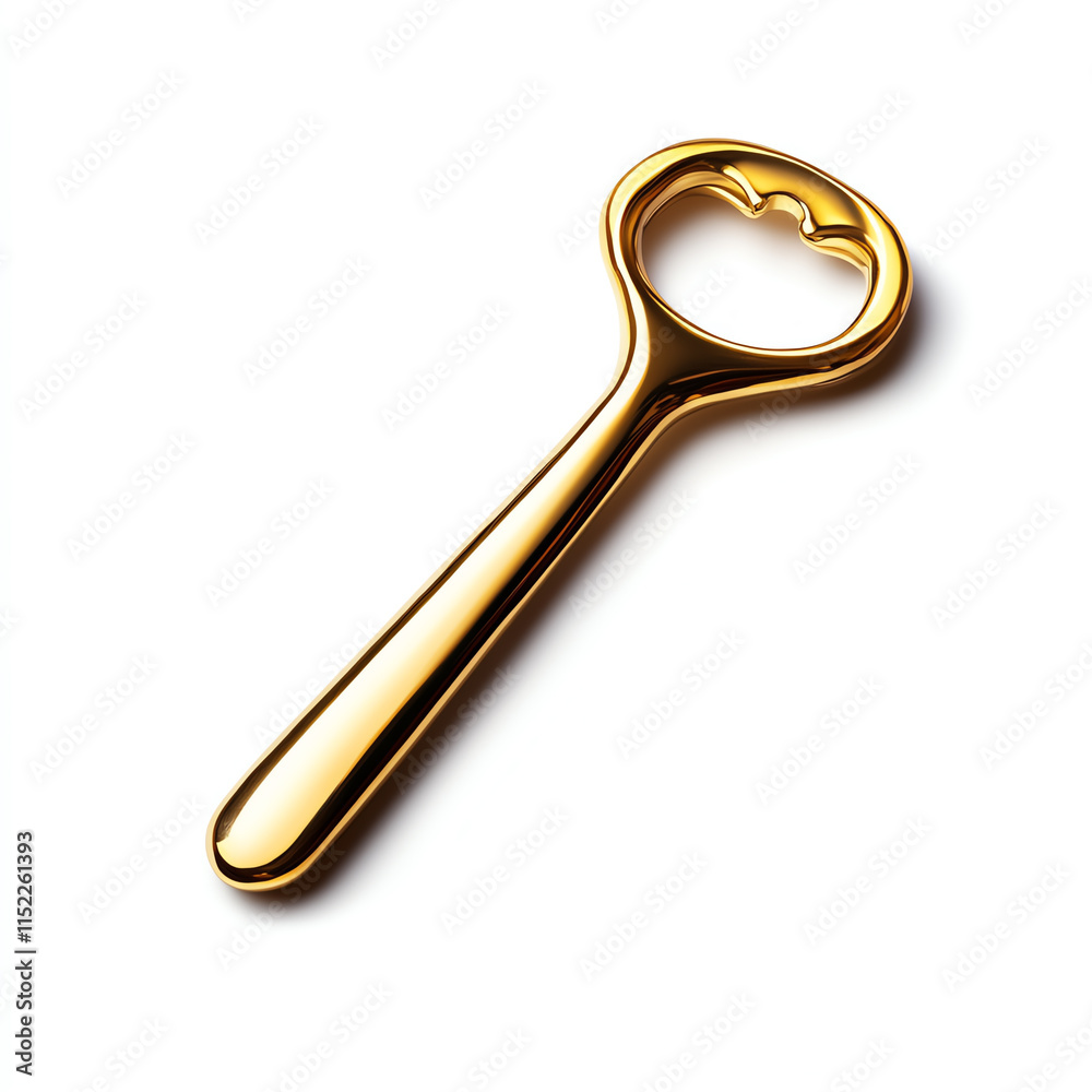 Gold bottle opener on white background, essential for any celebration or gathering. Gold bottle opener on white background, essential for any celebration or gathering.