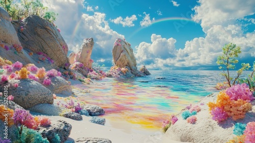 Vibrant coral reef beach with rainbow, rocks, and clear water under a sunny sky.
