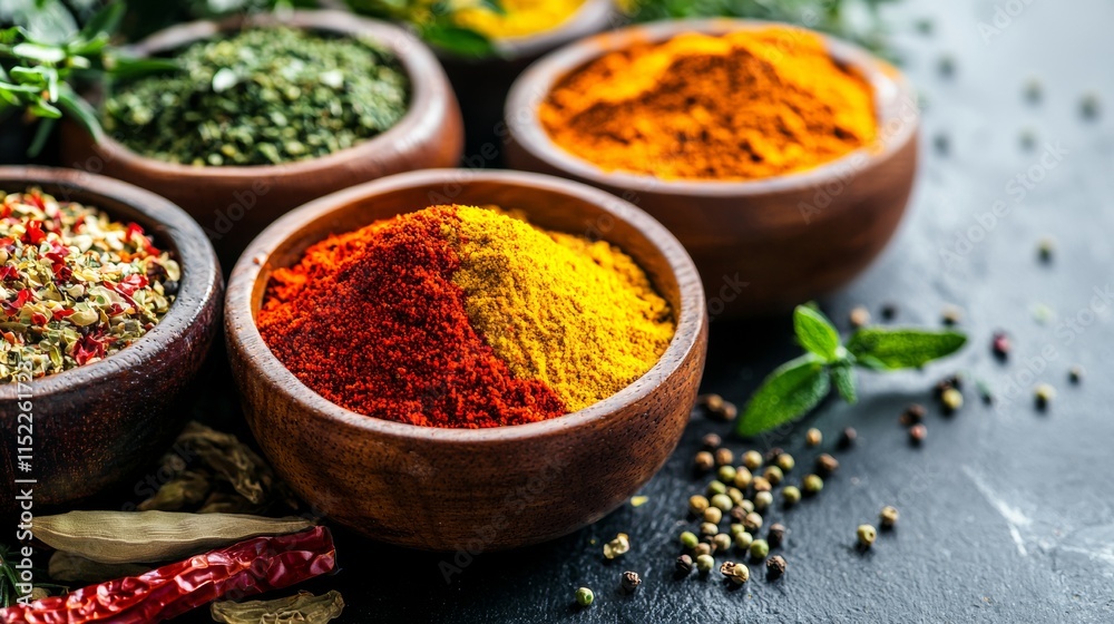 Variety of vibrant spices in rustic wooden bowls on a dark surface Variety of vibrant spices in rustic wooden bowls on a dark surface