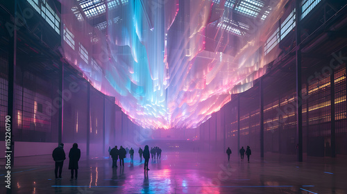 A mesmerizing geometric light installation hangs from the high ceilings of Tate Modern's turbine hall, blending sky and sea colors with soft ambient light, captivating visitors beneath its ethereal