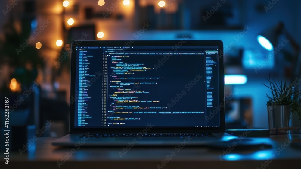 Laptop with code editor open on screen in a cozy workspace with plants and soft lights in the background Laptop with code editor open on screen in a cozy workspace with plants and soft lights in the background