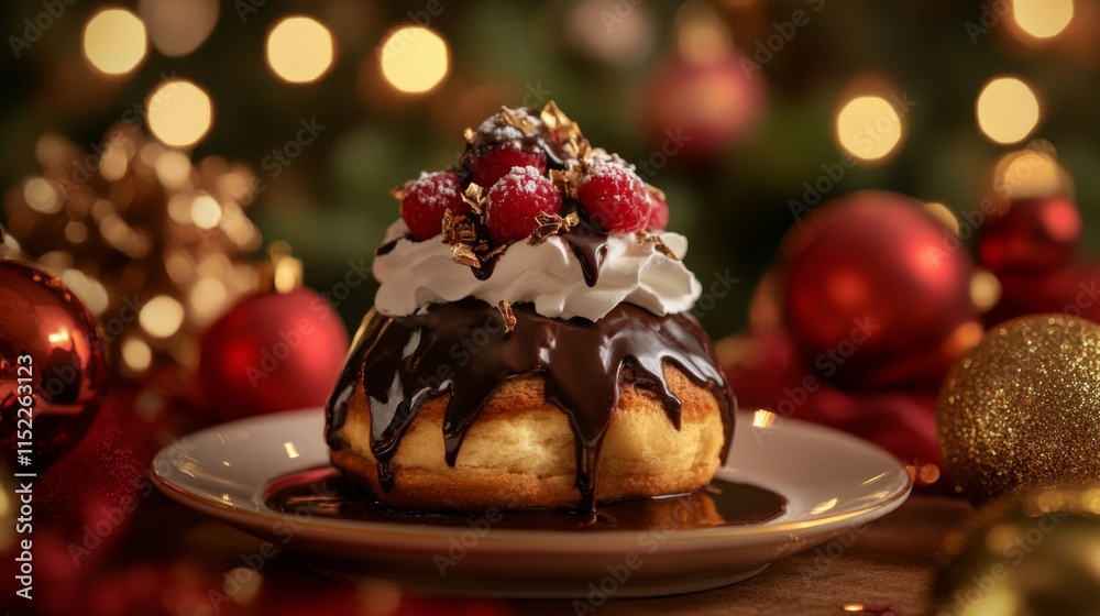 Festive Chocolate Dessert with Whipped Cream and Berries Festive Chocolate Dessert with Whipped Cream and Berries