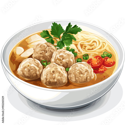 Indonesian Bakso Meatball Soup with Herbs and Chili