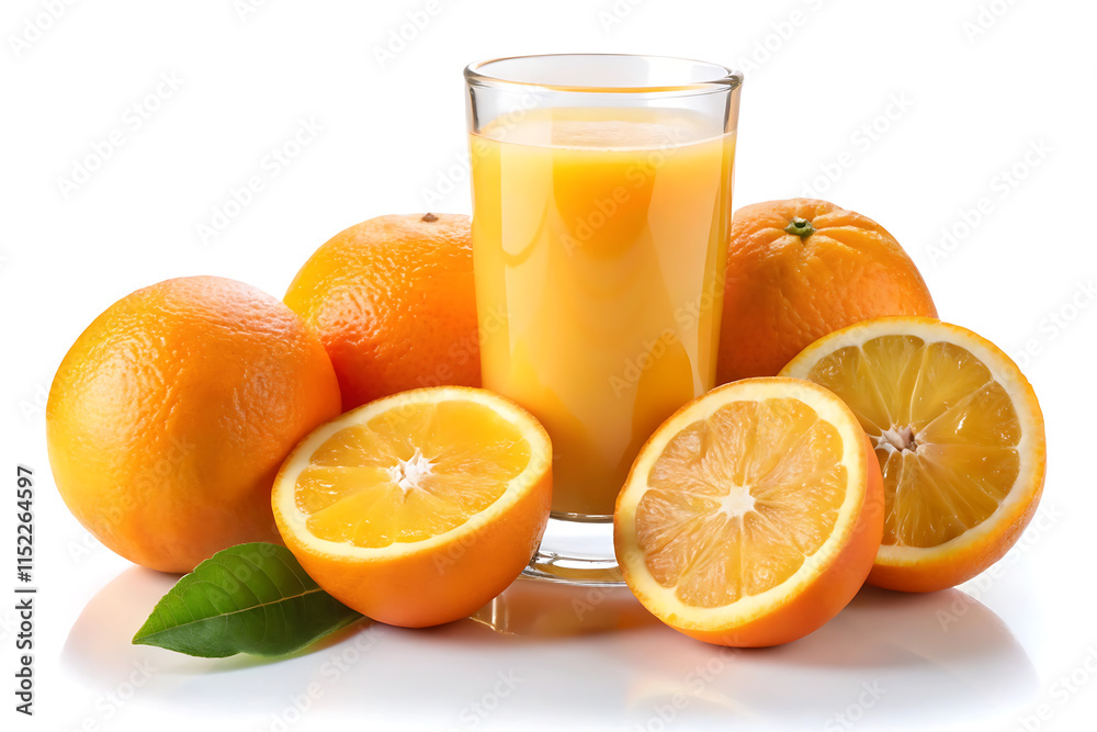 glass of orange juice and oranges white background glass of orange juice and oranges white background