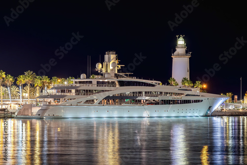 Huge luxury yacht moored in the harbor at night with reflections in the water