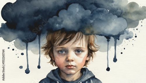 Child beneath a dark cloud, sad, depressed, mental illness, watercolour illustration