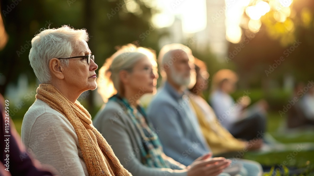 Naklejka premium Seniors meditating outdoors during sunset in tranquil park setting