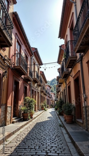 A charming cobblestone alley lined with colorful houses and vibrant plants under a clear blue sky
