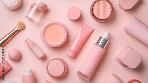 Minimalist pink-themed makeup products arrangement