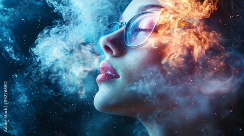 Abstract portrait with vibrant smoke and glowing effects