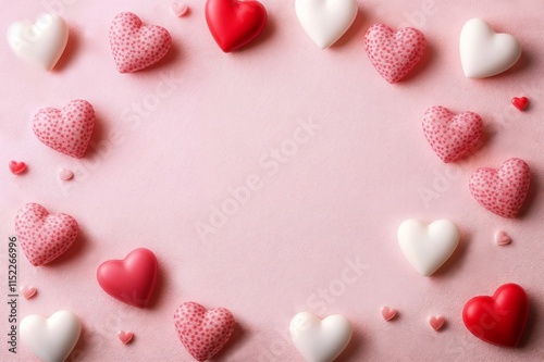 Vibrant display of various hearts scattered across a soft pink surface, embodying the spirit of love and affection for Valentine's Day