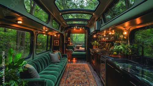 Luxurious converted bus interior with green sofa, kitchen, and forest view. photo