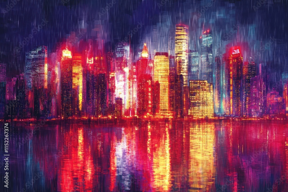 Vibrant Cyberpunk Cityscape at Night with Skyscrapers, Neon Signs, and Glowing Reflections in Rainy Atmosphere Captured in Digital Painting Style Vibrant Cyberpunk Cityscape at Night with Skyscrapers, Neon Signs, and Glowing Reflections in Rainy Atmosphere Captured in Digital Painting Style