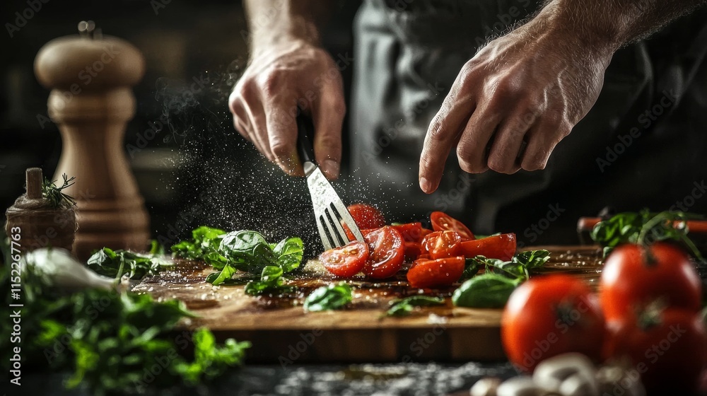 Chef seasoning a steak with fresh vegetables Chef seasoning a steak with fresh vegetables
