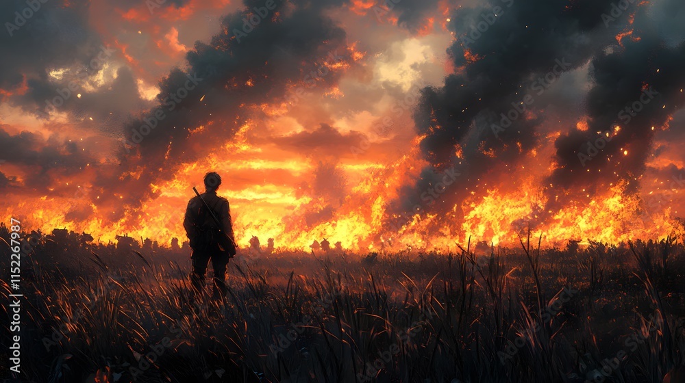 Fototapeta premium Silhouetted figure watching a dramatic sunset over a fiery landscape.