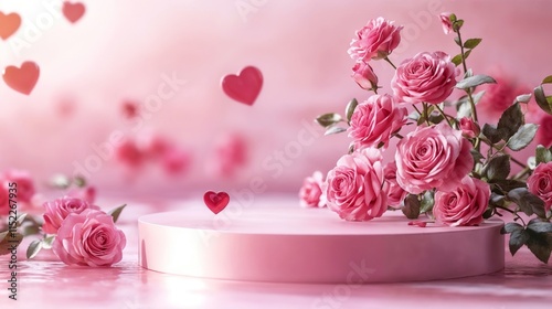 3D podium for cosmetics surrounded by roses and transparent red glass hearts on a soft pink bokeh background, perfect for Valentine's Day, Easter, or romantic gift displays