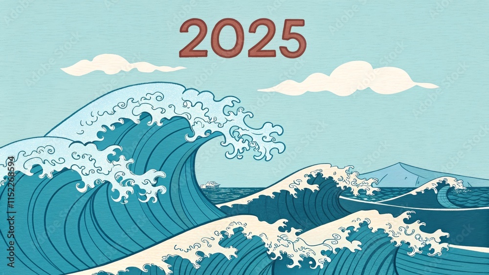 Naklejka premium Surfing Waves of 2025 - Ocean waves crashing, symbolizing change, power, nature, the future, and new beginnings in 2025. A calming light blue background.