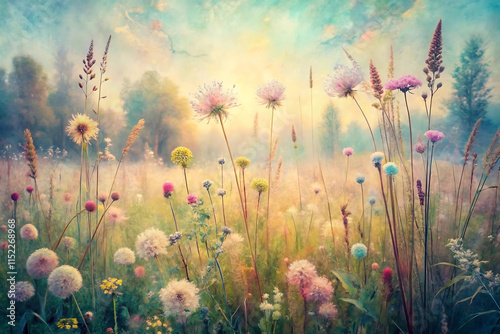 A watercolor meadow scene with tall grasses and soft blooms in faded pastel shades, giving a dreamy, vintage effect background or wallpaper